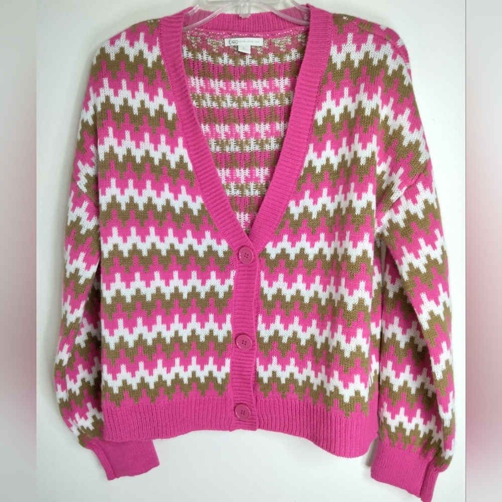 CATO (Size L) Multicolor Houndstooth V-Neck Button Front LS Cardigan Sweater